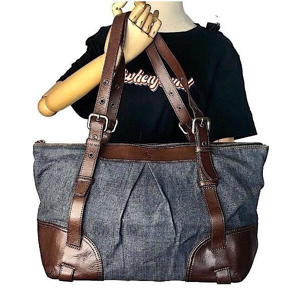 BURBERRY Denim Shoulder Bag Brown Leather Top Zip Closure Blue Label RARE - Picture 4 of 17